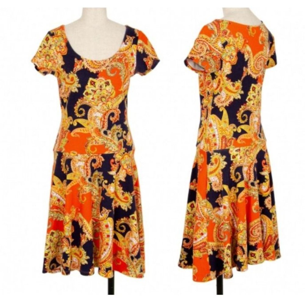 Ralph Lauren Midi Dress XL Extra Large A Line Paisley Short Sleeve Washable - Picture 2 of 11